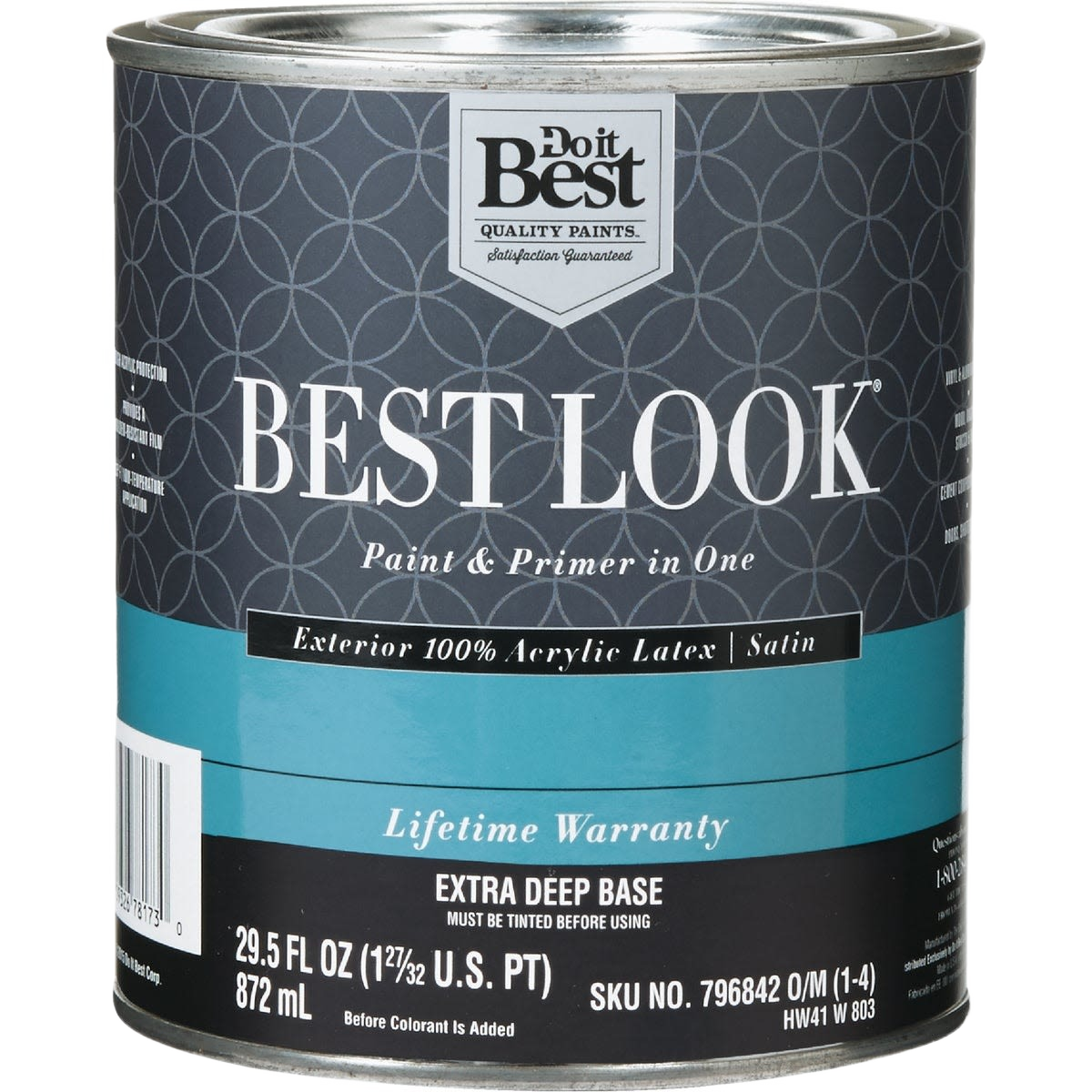 Quart of exterior latex satin paint and primer in one with extra deep base for home improvement projects