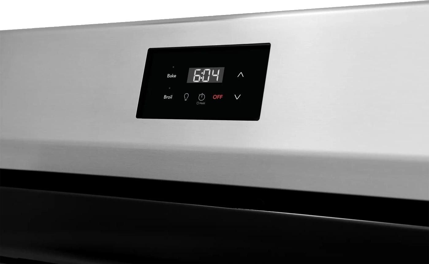 Close-up view of a stainless steel electric range rear control panel with digital display and touch controls, featured in Ranges and Kitchen & Kitchenware collections.