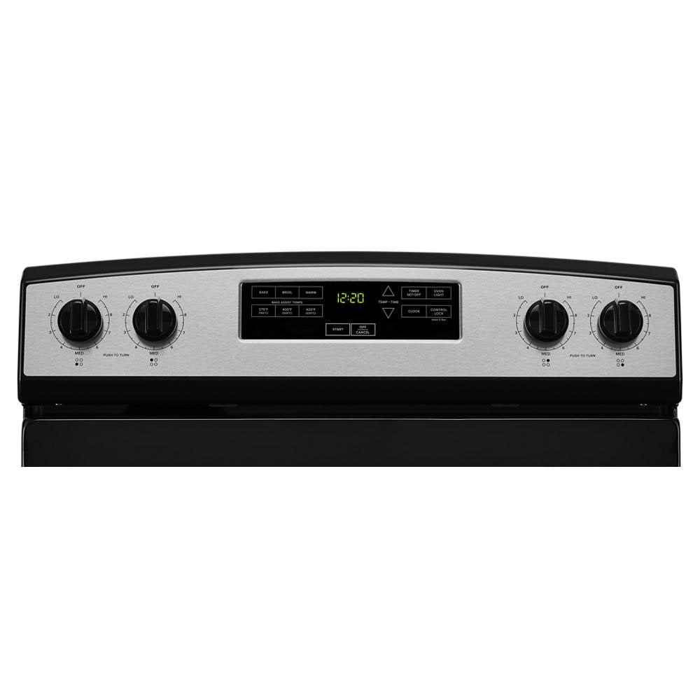 Control panel of 30-inch Amana electric range with four black knobs and digital display from kitchen appliances collection
