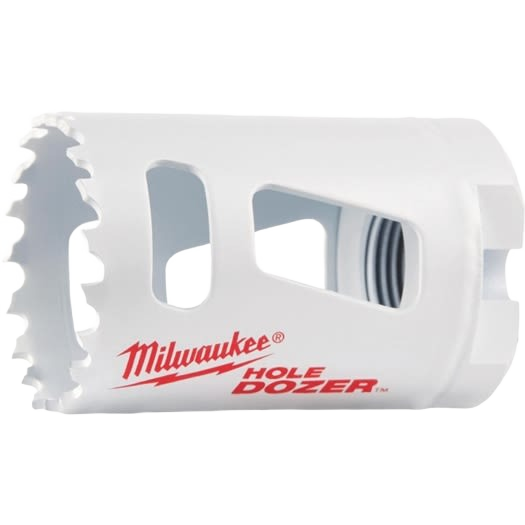 White bi-metal hole saw with durable tooth design for woodworking tools and home improvement projects