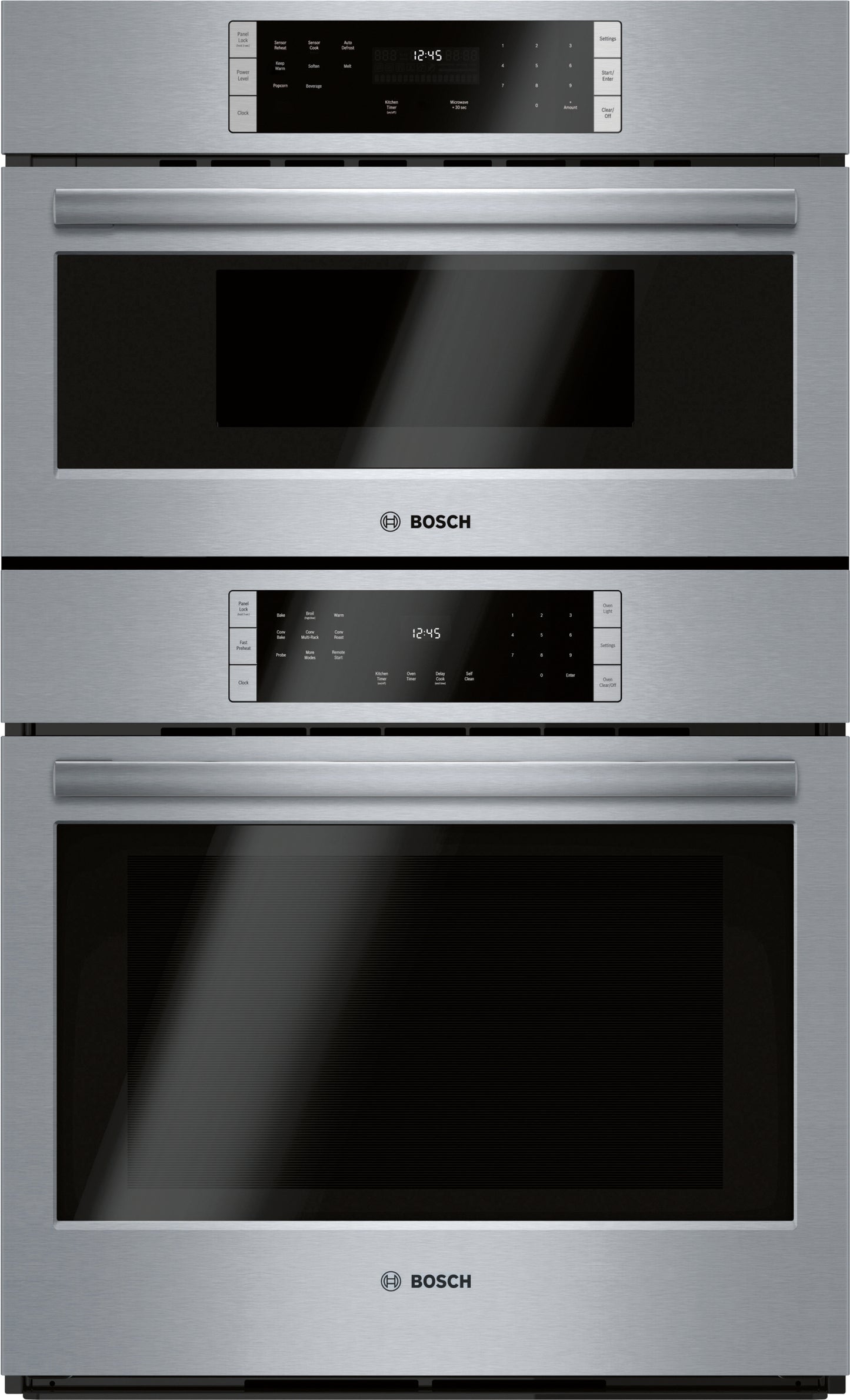 Stainless steel Bosch 800 Series combination wall oven with SteelTouch control panels from Kitchen & Kitchenware collection