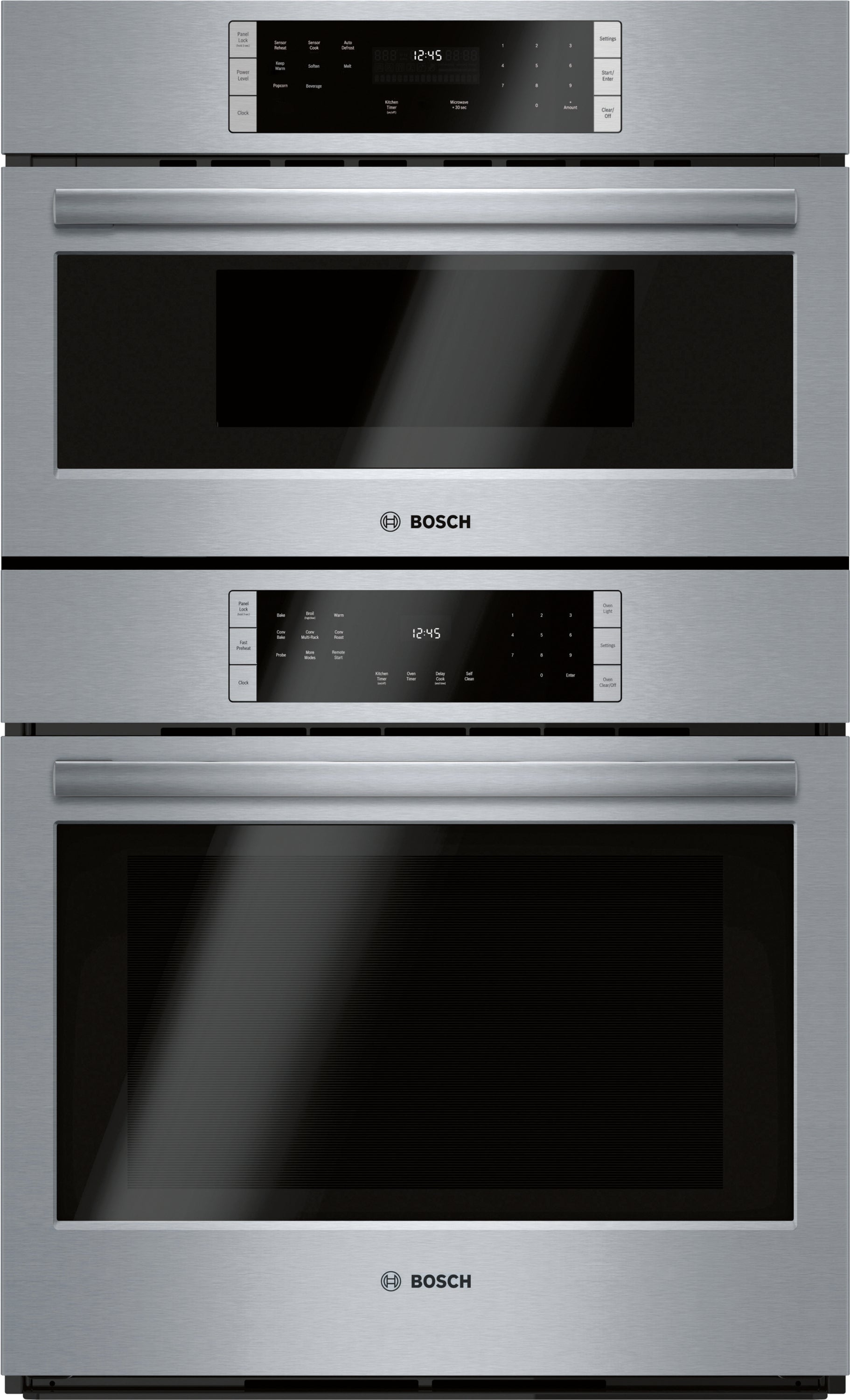 Stainless steel Bosch 800 Series combination wall oven with SteelTouch control panels from Kitchen & Kitchenware collection