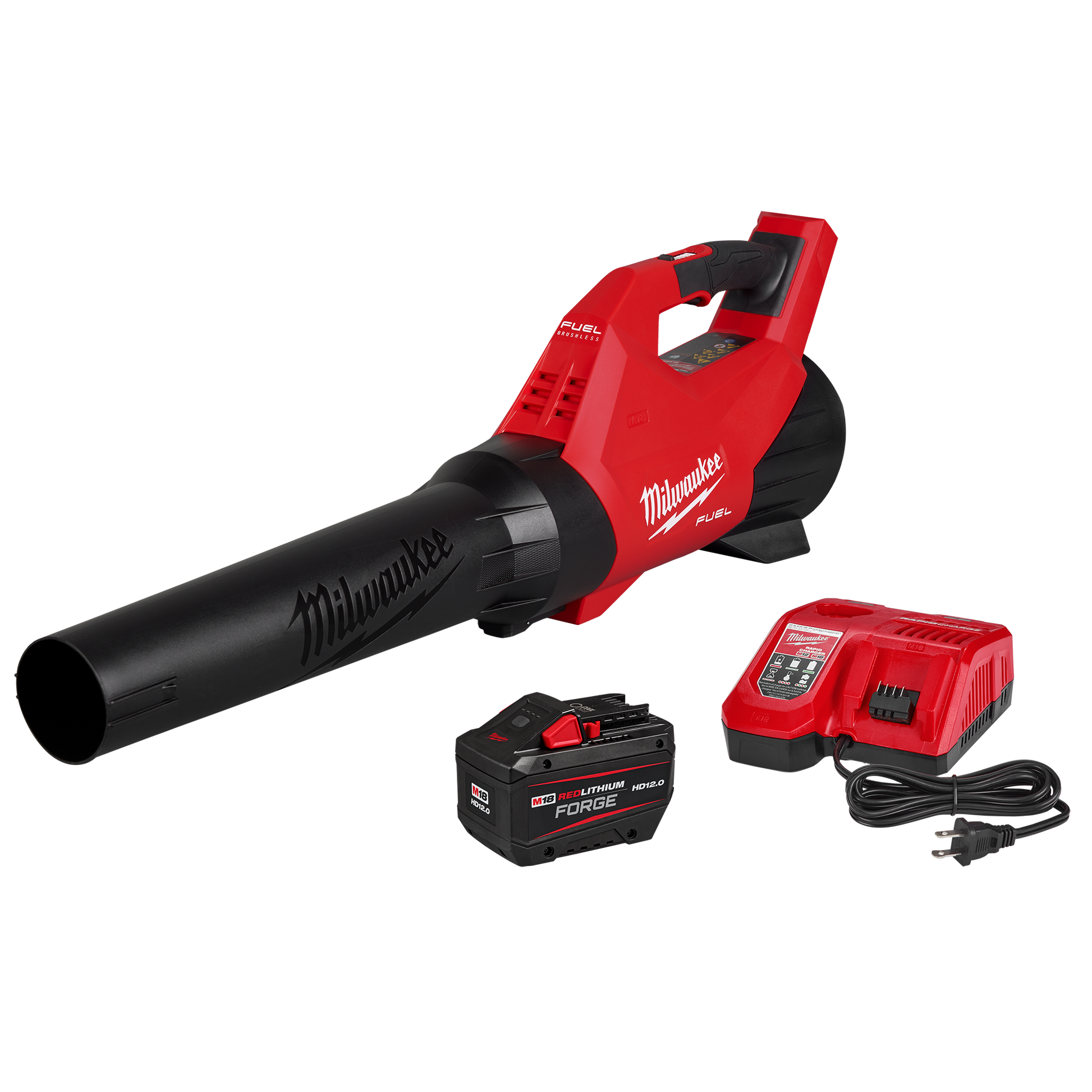 Red and black cordless blower with rechargeable battery and charger for outdoor tools and home improvement projects
