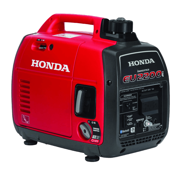 Compact red and black Honda inverter generator designed for portable power and outdoor use, featured in rental equipment at Hartville Hardware.