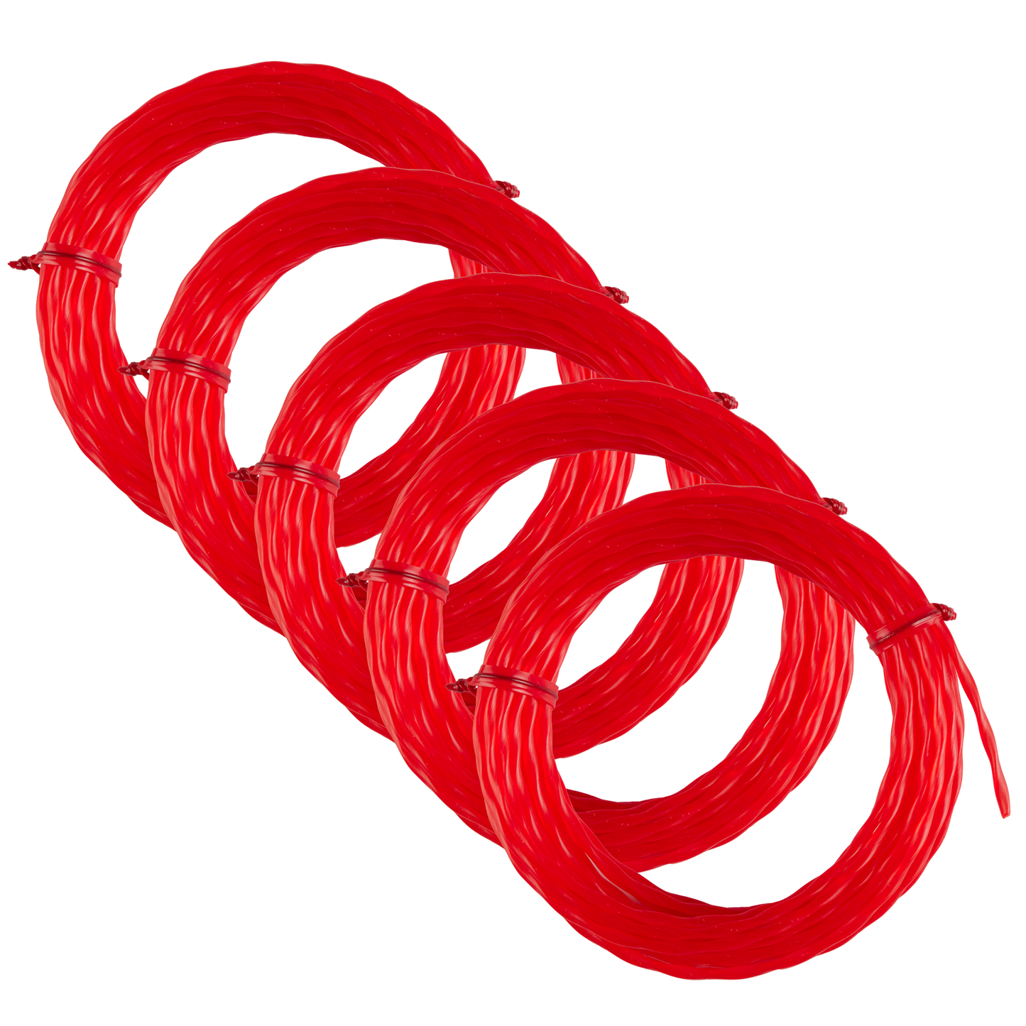 Five coiled red pre-cut twisted trimmer lines in a bundle for yard maintenance and landscaping tasks.