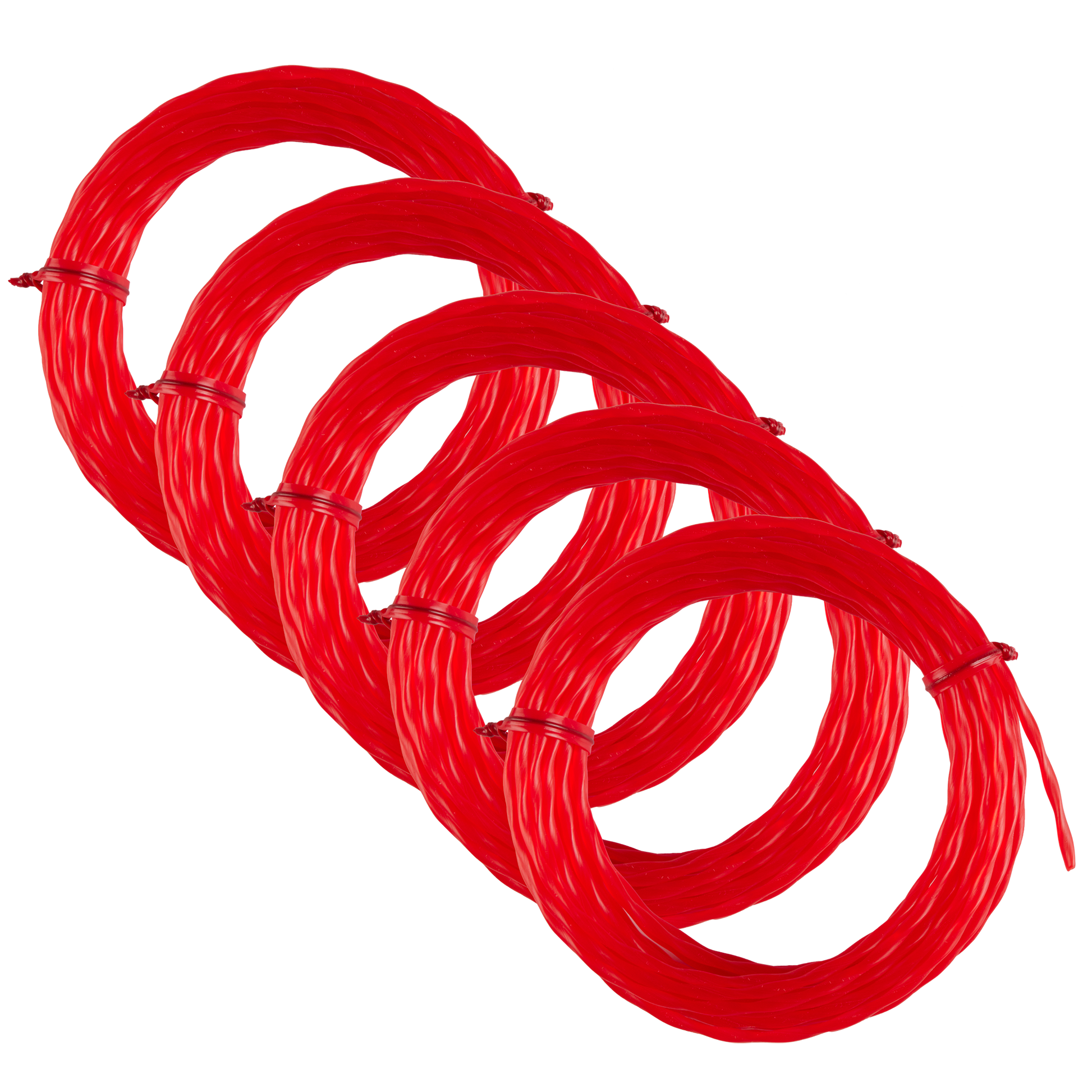 Five coiled red pre-cut twisted trimmer lines in a bundle for yard maintenance and landscaping tasks.