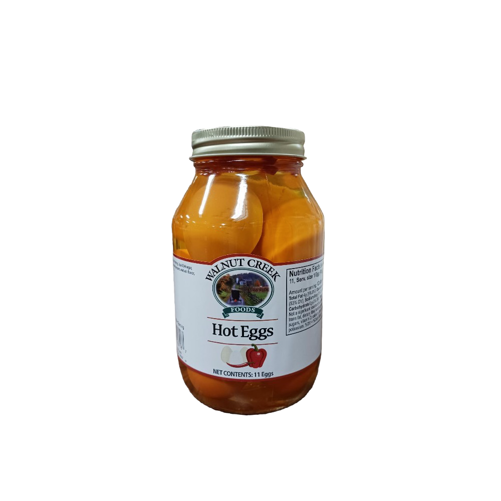 Glass jar of spicy hot pickled eggs with label for Fruits & Vegetables and Food & Beverage under $50 collections