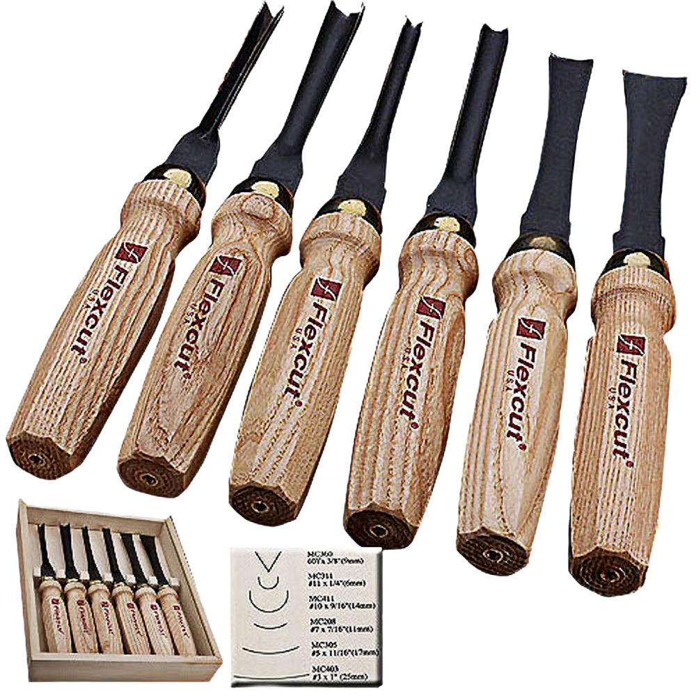 Set of six hand carving tools with wooden handles, included in woodworking tools and carving collections for home improvement.