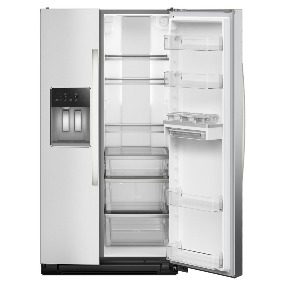 Open stainless steel side-by-side refrigerator with water and ice dispenser in kitchen appliances and side-by-side refrigerators collection