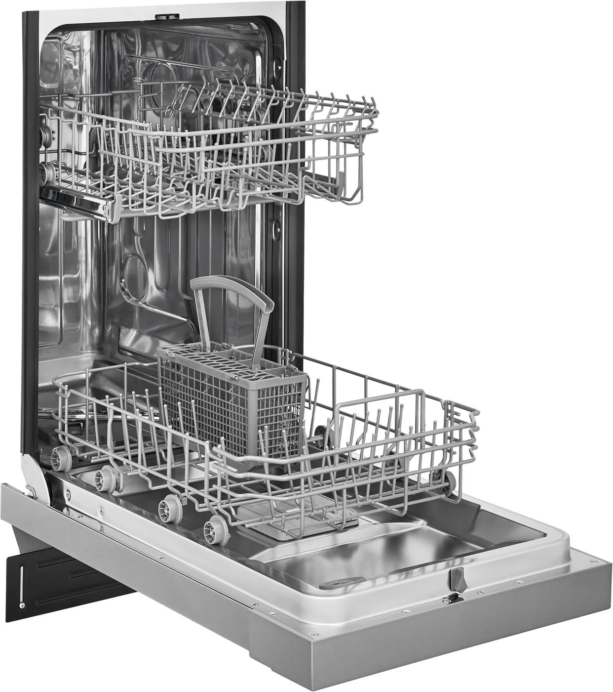 Open stainless steel dishwasher with upper and lower racks and removable silverware basket from Appliances collection