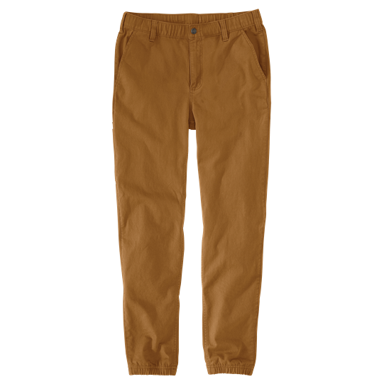 Brown canvas jogger pants with relaxed fit and elastic cuffs designed for durable work and casual wear