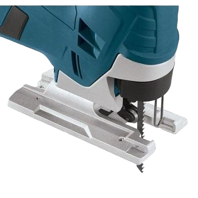 Close-up of blue Bosch top-handle jigsaw blade and metal shoe for precision cutting in home improvement projects