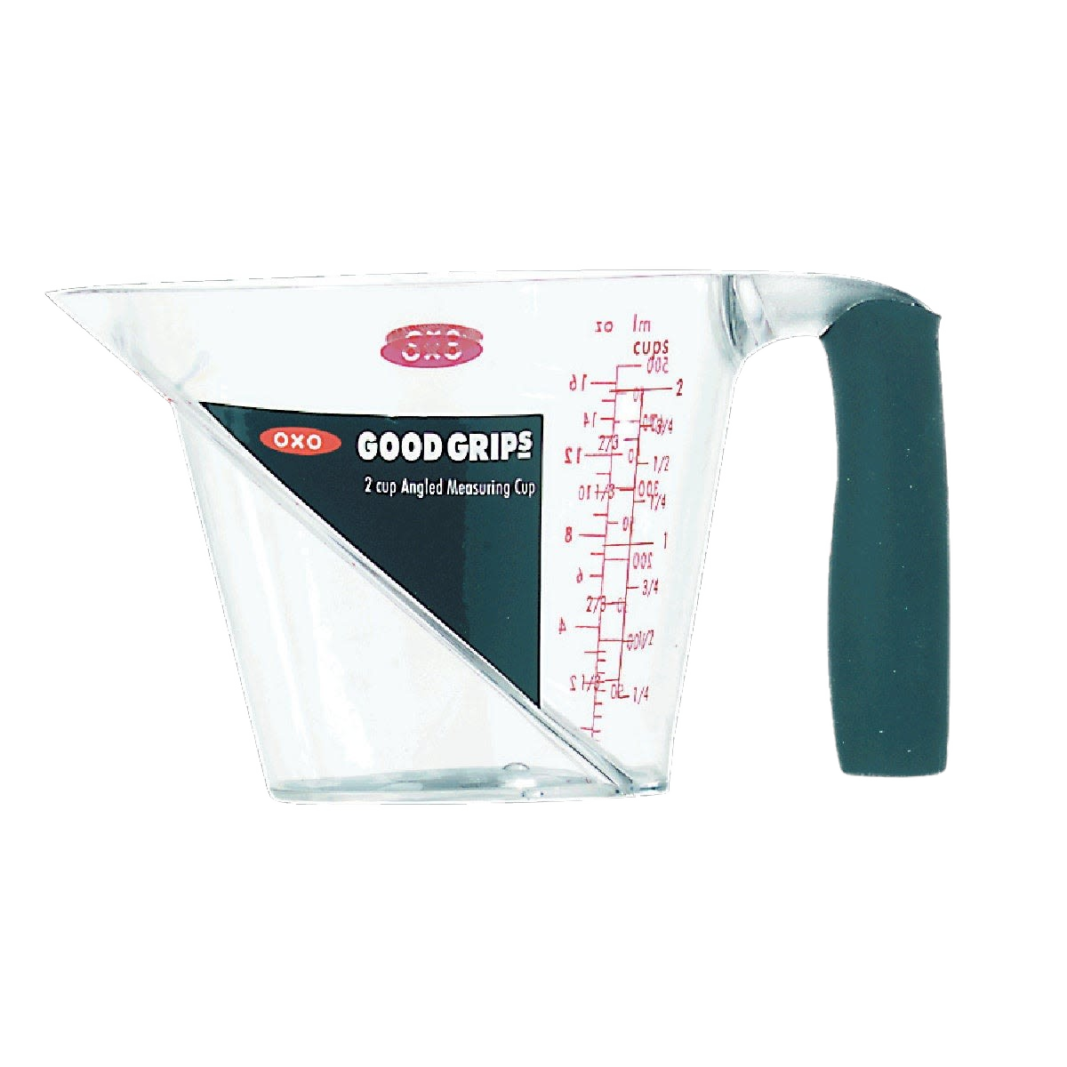 Transparent angled measuring cup with easy-grip handle and red measurement markings for precise liquid measurement