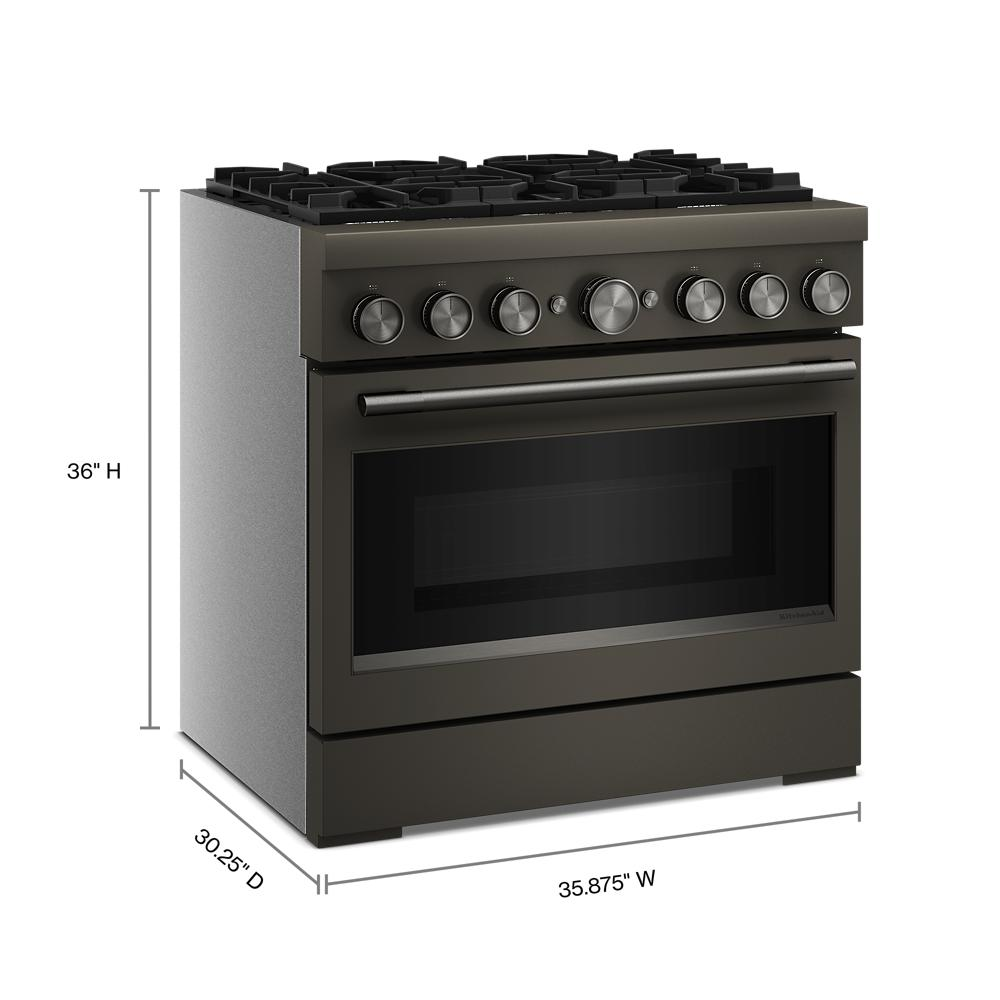 36-inch dark stainless steel dual fuel range with six burners and stainless steel control knobs from KitchenAid collection
