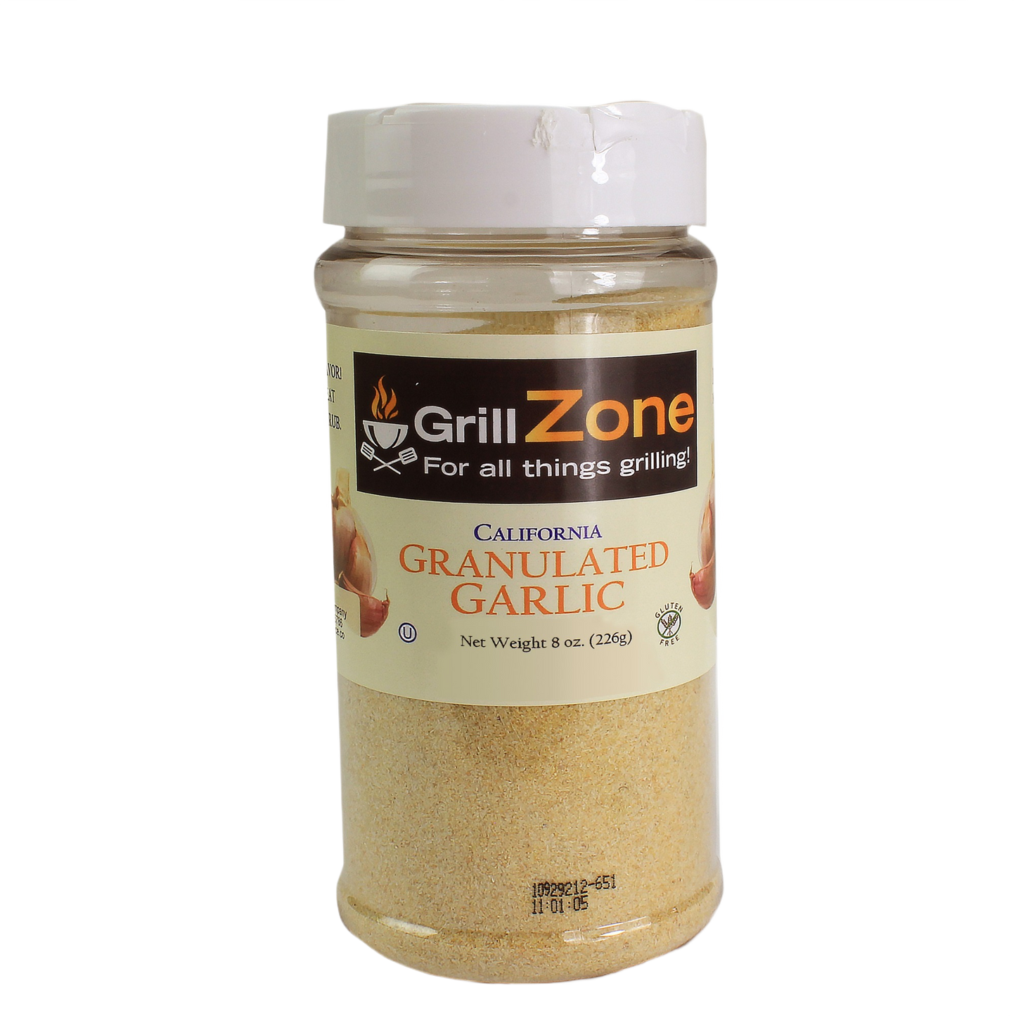 Clear plastic jar of granulated garlic seasoning with white lid for grilling sauces and outdoor living collections