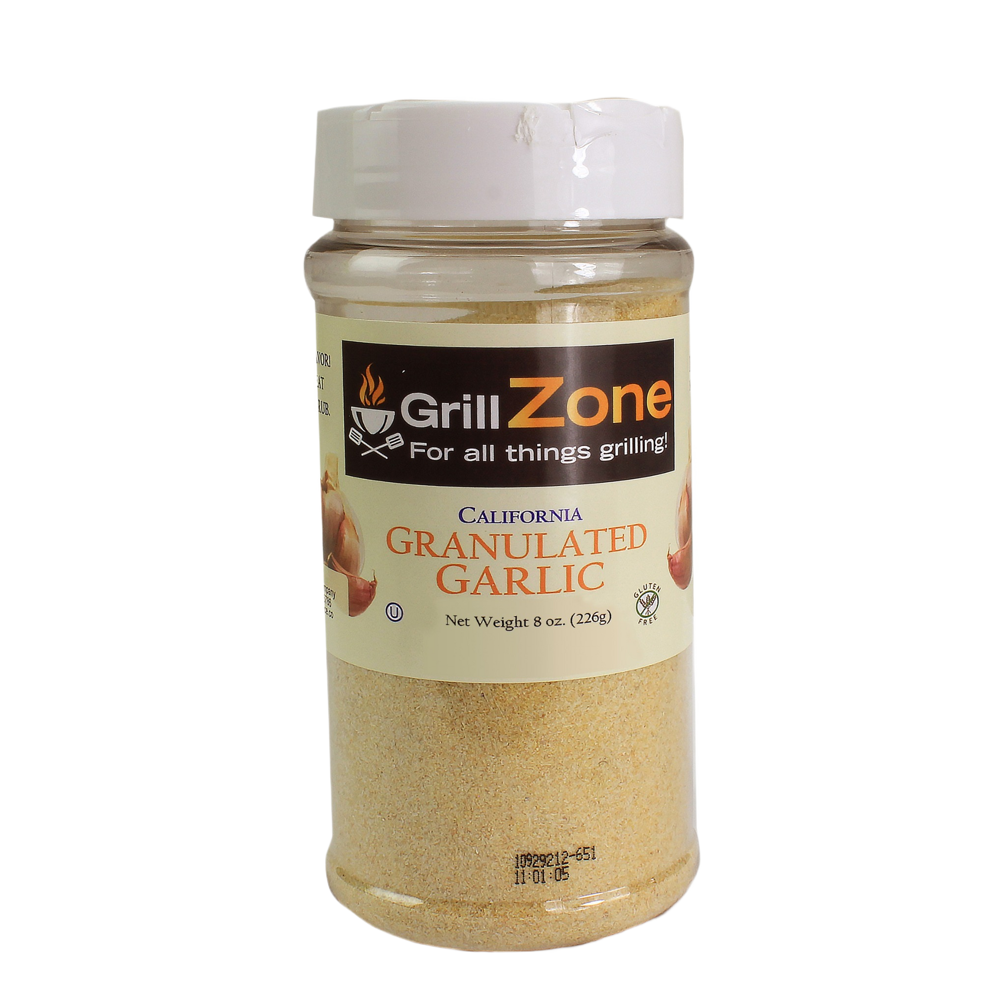 Clear plastic jar of granulated garlic seasoning with white lid for grilling sauces and outdoor living collections