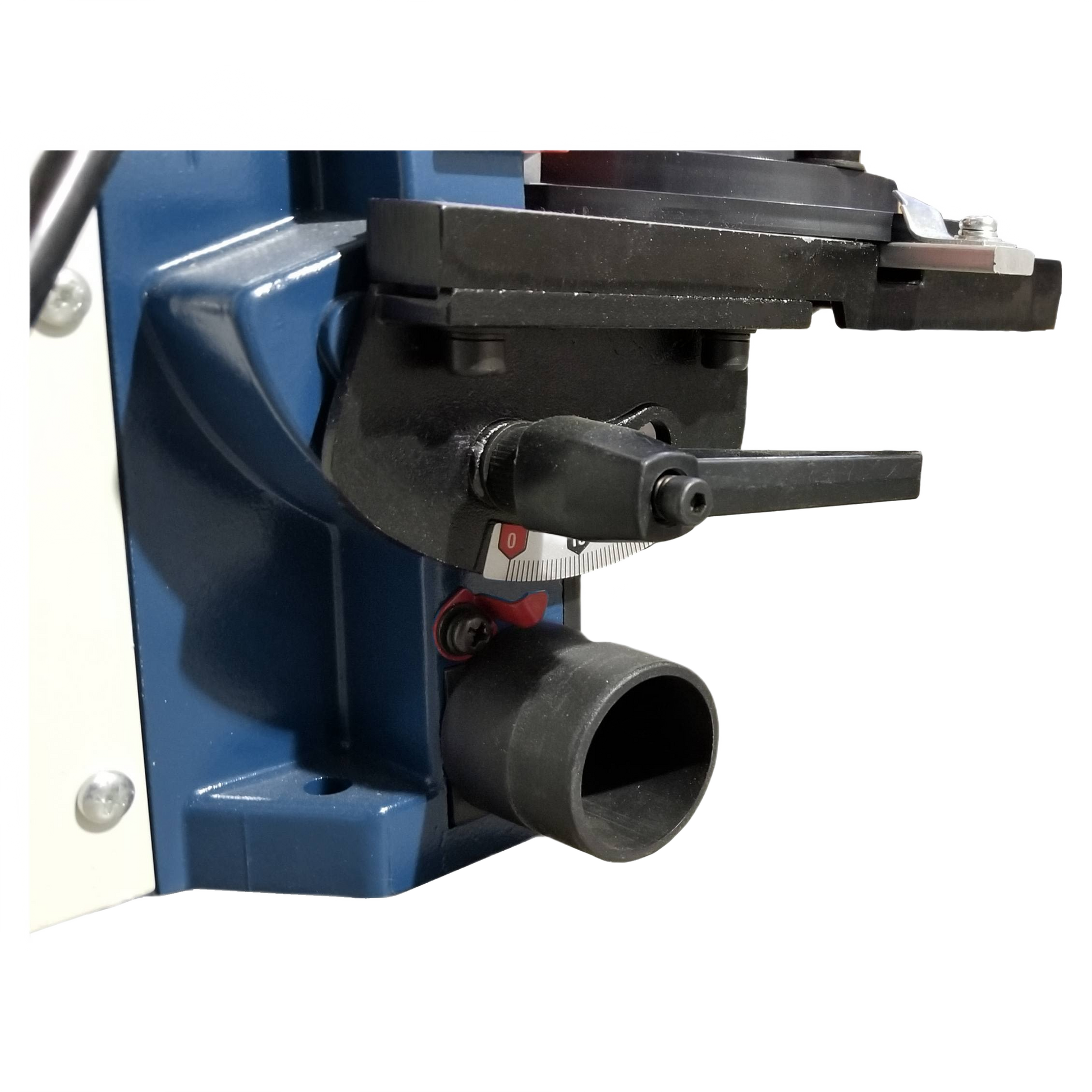 Close-up of adjustable black lever and dust port on blue and black power tool sander for home improvement use