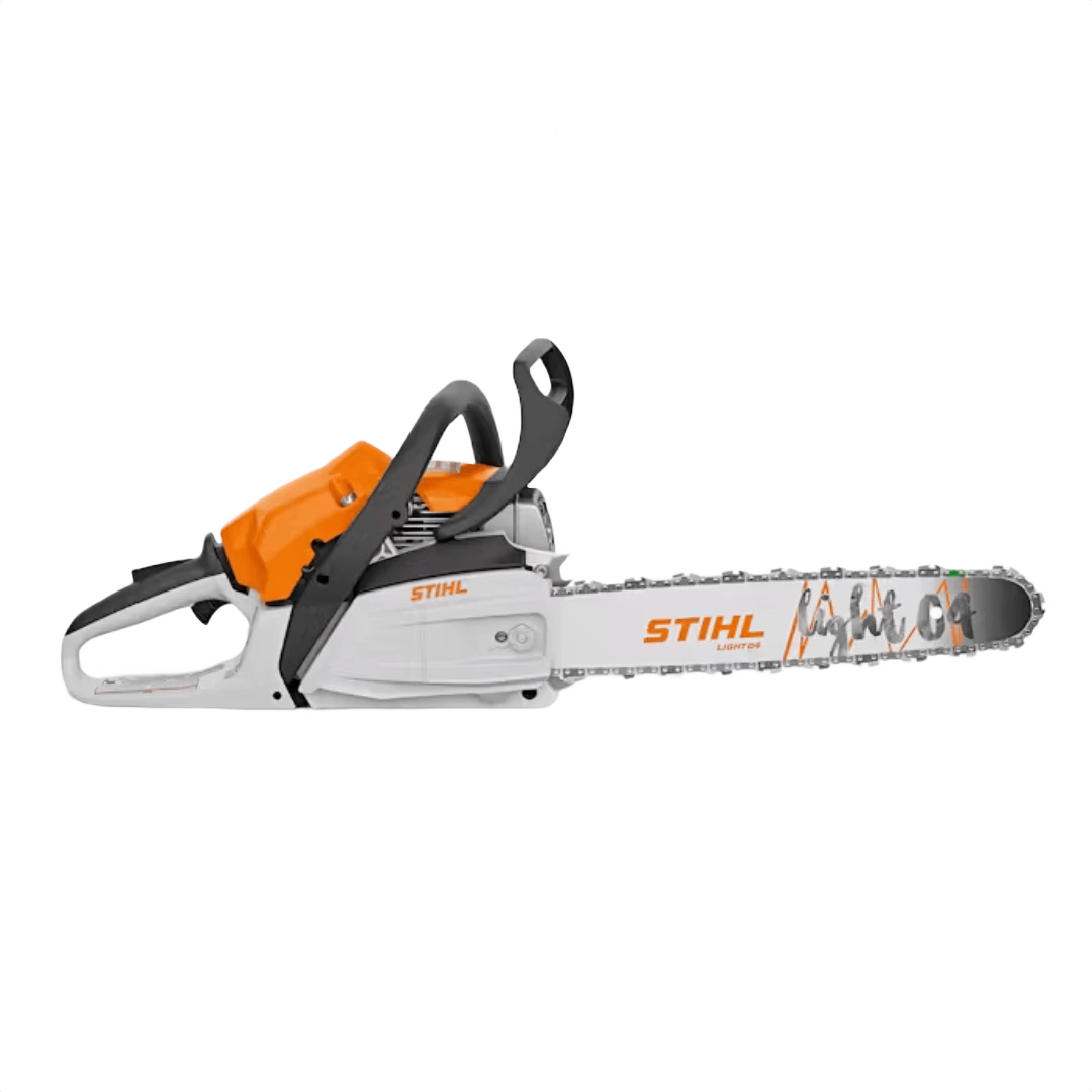 Side view of a gas-powered chainsaw with orange and white casing designed for home improvement tasks