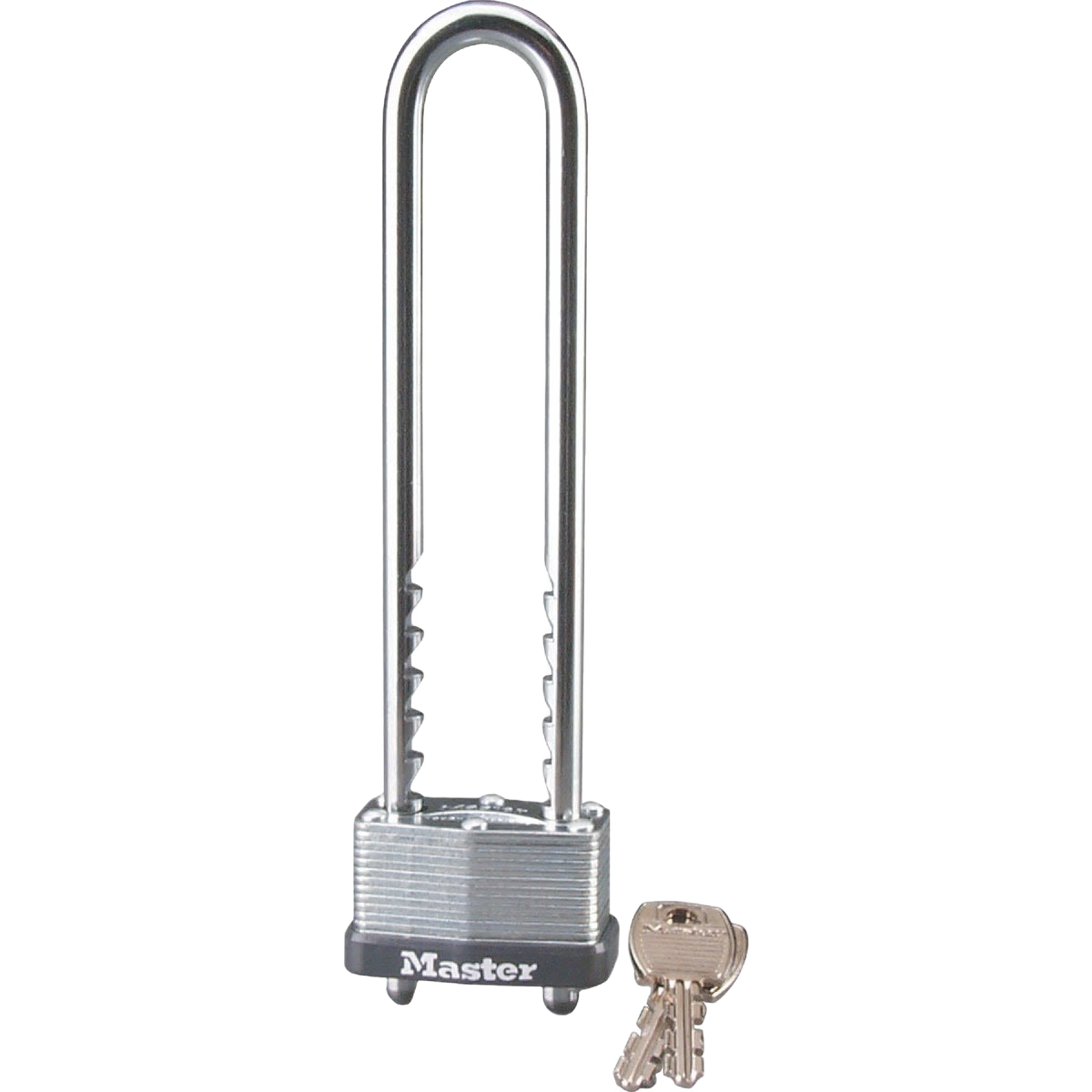 Long-shackle silver Master Lock bike lock with ridged locking mechanism and two keys for secure fastening tasks