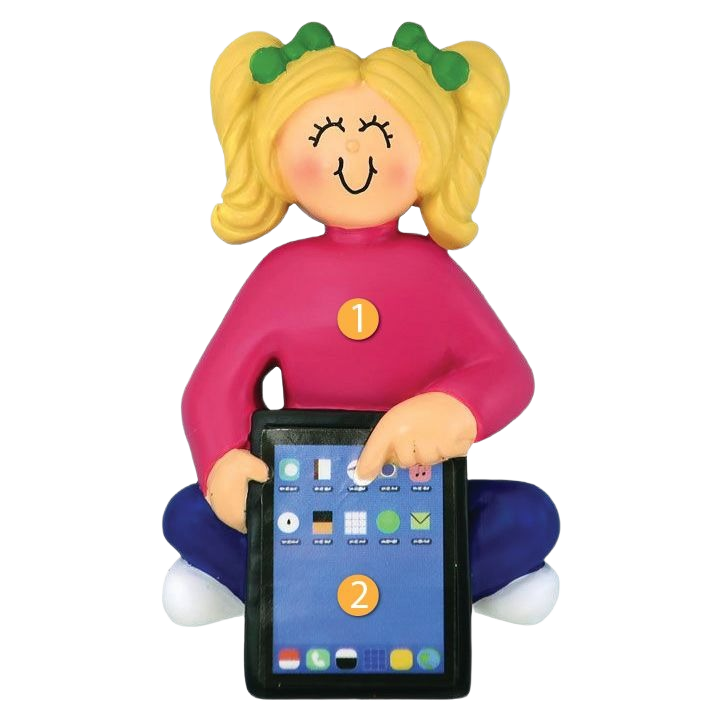 Blonde girl figurine with green bows holding a tablet Christmas ornament for holiday decor under $50 collection