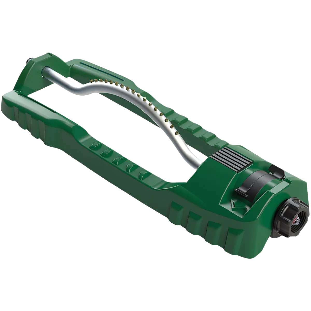 Green plastic oscillating sprinkler with adjustable spray pattern and metal water tube for lawn irrigation tasks