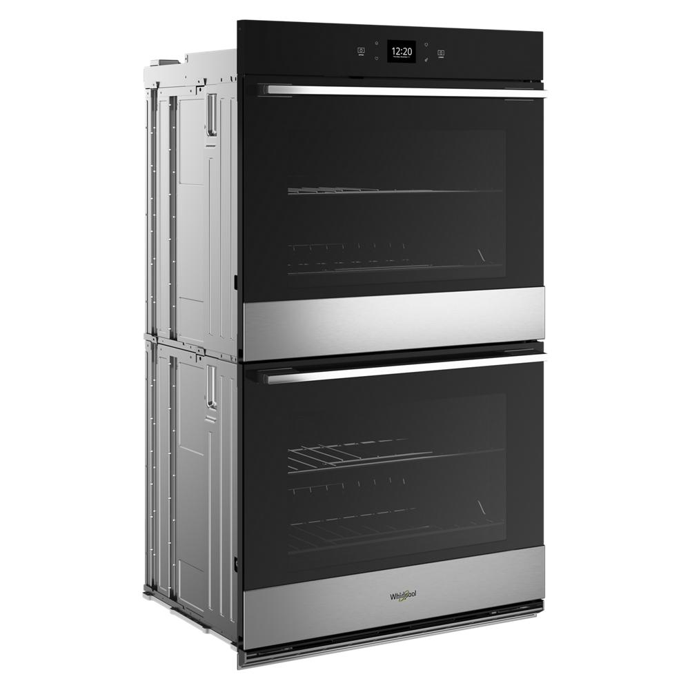 Freestanding double wall oven in stainless steel with black glass doors and digital display from Wall Ovens collection