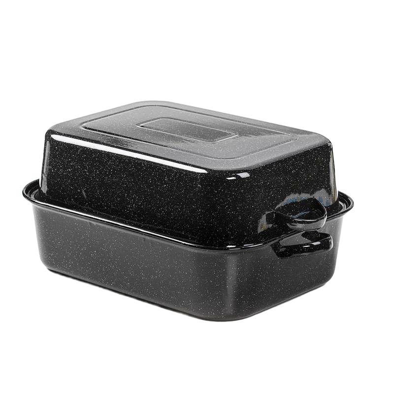 Large black graniteware roasting pan with matching lid, part of Kitchenware and Bakeware collections under $100.