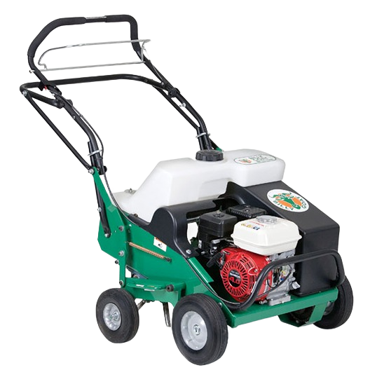 Walk behind lawn aerator with sturdy green metal frame, gas-powered engine, and ergonomic handle, part of garden tools and rental equipment at Hartville Hardware.