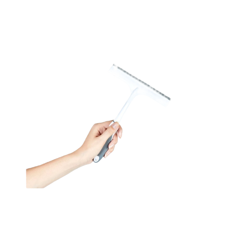 Hand holding white and grey shower squeegee with hook for easy hanging in bathroom and home improvement collections