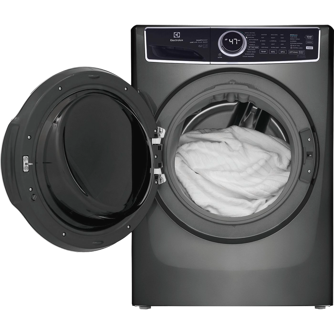 Dark gray front load washer with open door showing white linens and digital control panel from front load washers collection