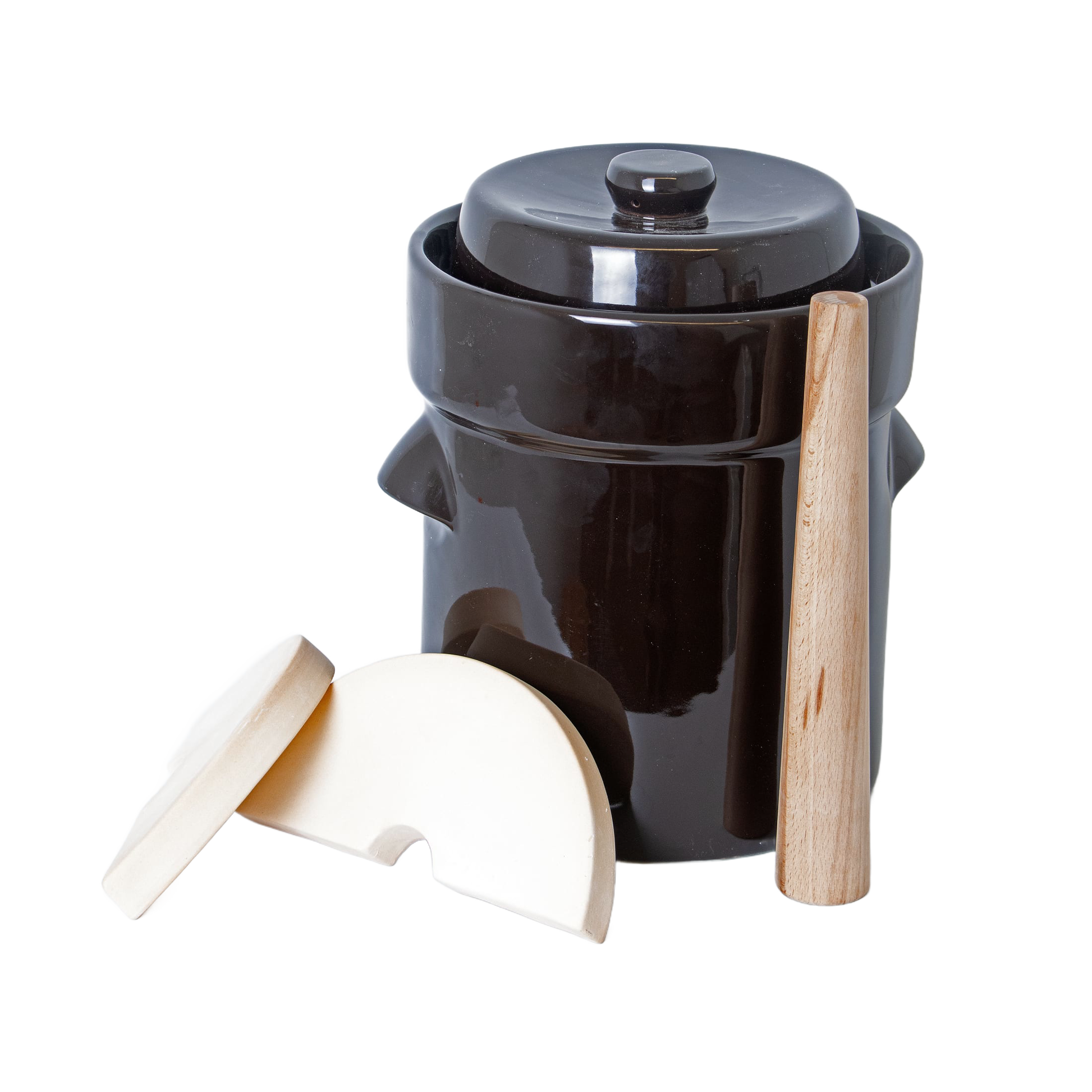 Dark ceramic crock with lid and light wooden dual-sided stomper tools for kitchenware under $50 collections