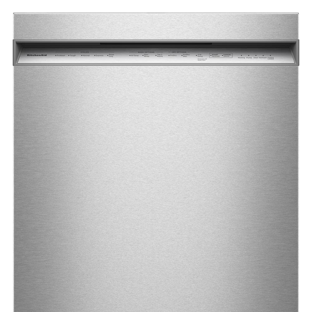 Stainless steel dishwasher with discreet top control panel featuring cycle options from KitchenAid Appliances collection