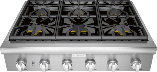 Stainless steel 36-inch gas cooktop with cast iron grates and professional-style knobs for kitchen appliances and home improvement