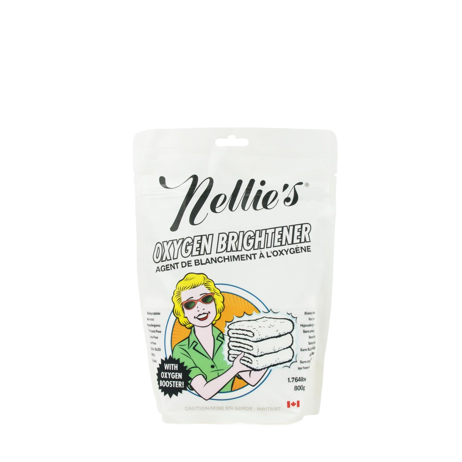 White pouch of Nellie's Oxygen Brightener with vintage illustration in Cleaning and Laundry Supplies under $50 category