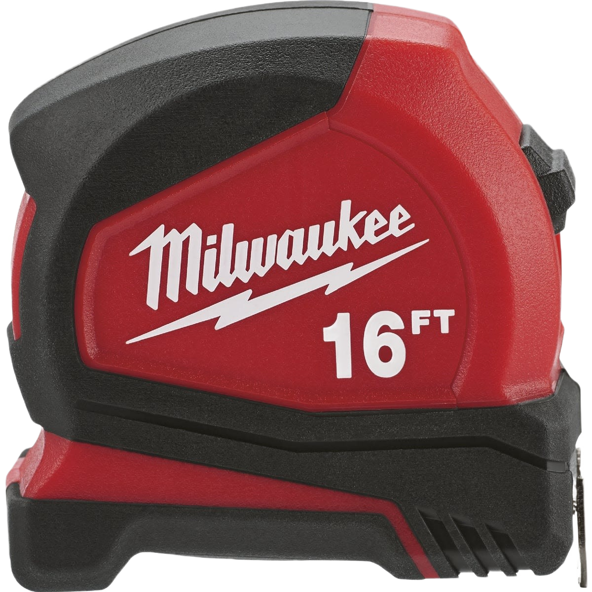 Red and black Milwaukee 16-foot compact tape measure with reinforced frame for hand and woodworking tools collections
