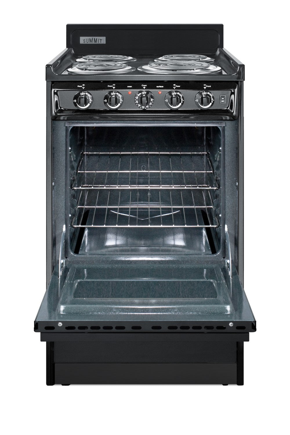 Black electric range with four coil burners and open oven door showing two wire racks in kitchen appliance collection