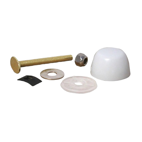 White round cap closet bolt set with brass bolt, nut, washers, and plastic components for plumbing repair projects