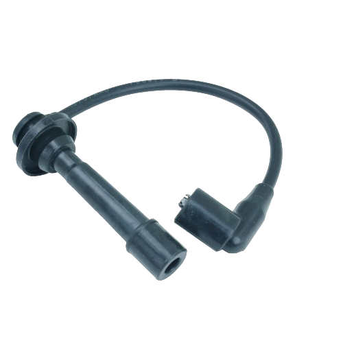 Black flexible cylinder wire lead with rubber connectors designed for outdoor power equipment repair and maintenance