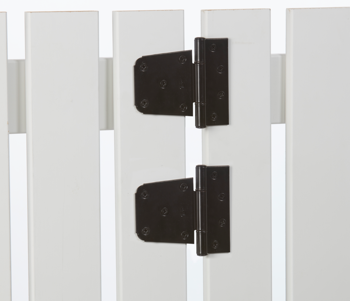 Black extra heavy hinge on white gate for sturdy outdoor hardware and door & gate accessories under $50