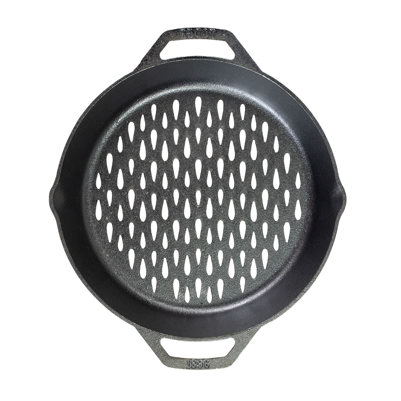 Seasoned cast iron grilling basket with dual handles for durable outdoor cooking in kitchenware and Lodge Cast Iron collections