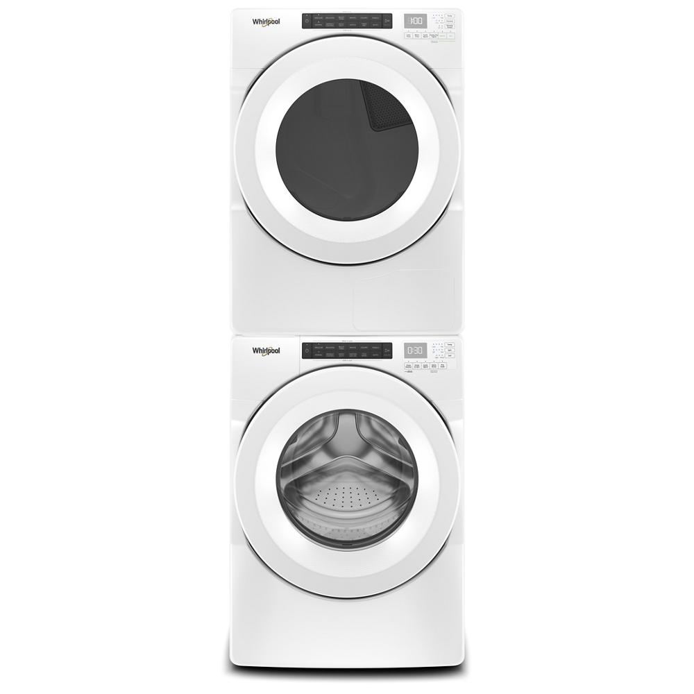 Stacked white front load washer and heat pump dryer with intuitive touch controls in laundry appliances setting
