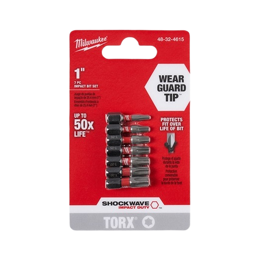 Seven-piece set of 1-inch TORX insert bits with Wear Guard Tip technology for durable tool accessories and home improvement.