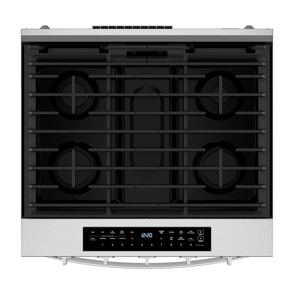 Top view of 30-inch stainless steel smart gas range cooktop with digital control panel in kitchen appliance setting