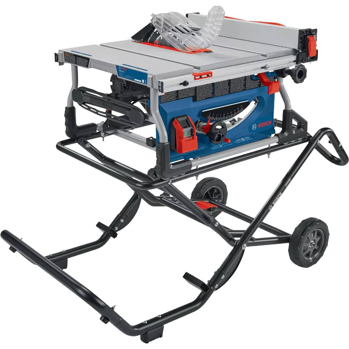 Portable Bosch 10-inch job site table saw with 15-amp motor and gravity-rise wheeled stand for woodworking projects