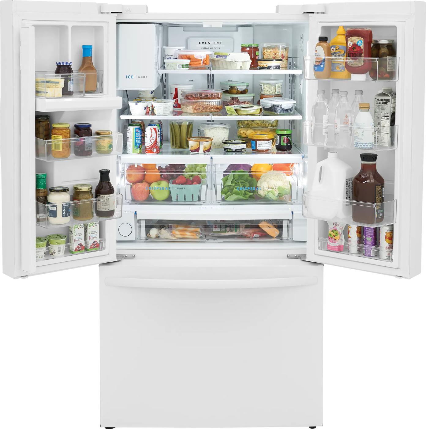 Open white French door refrigerator with organized shelves, deli drawer, and crispers keeping produce fresh from appliances collection