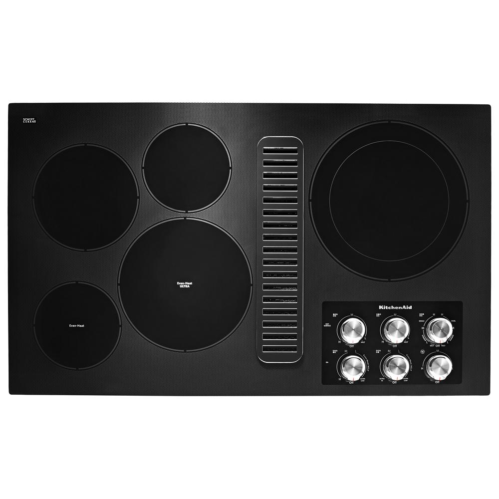 36-inch black electric cooktop with five elements and integrated downdraft ventilation in kitchen appliances collection