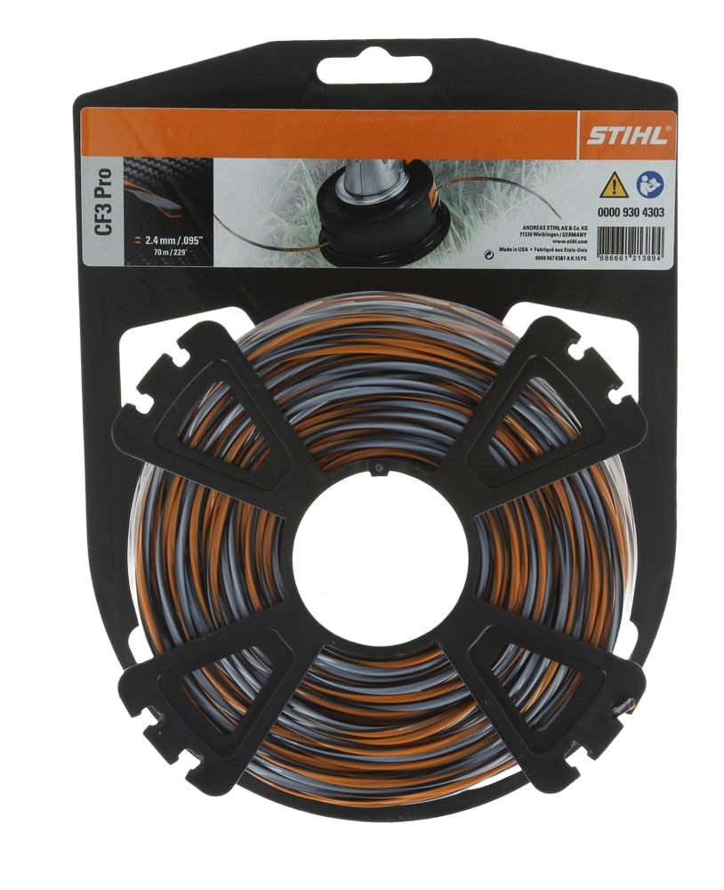 STIHL black and orange trimmer line coil in plastic holder for power tool accessories and home improvement tasks