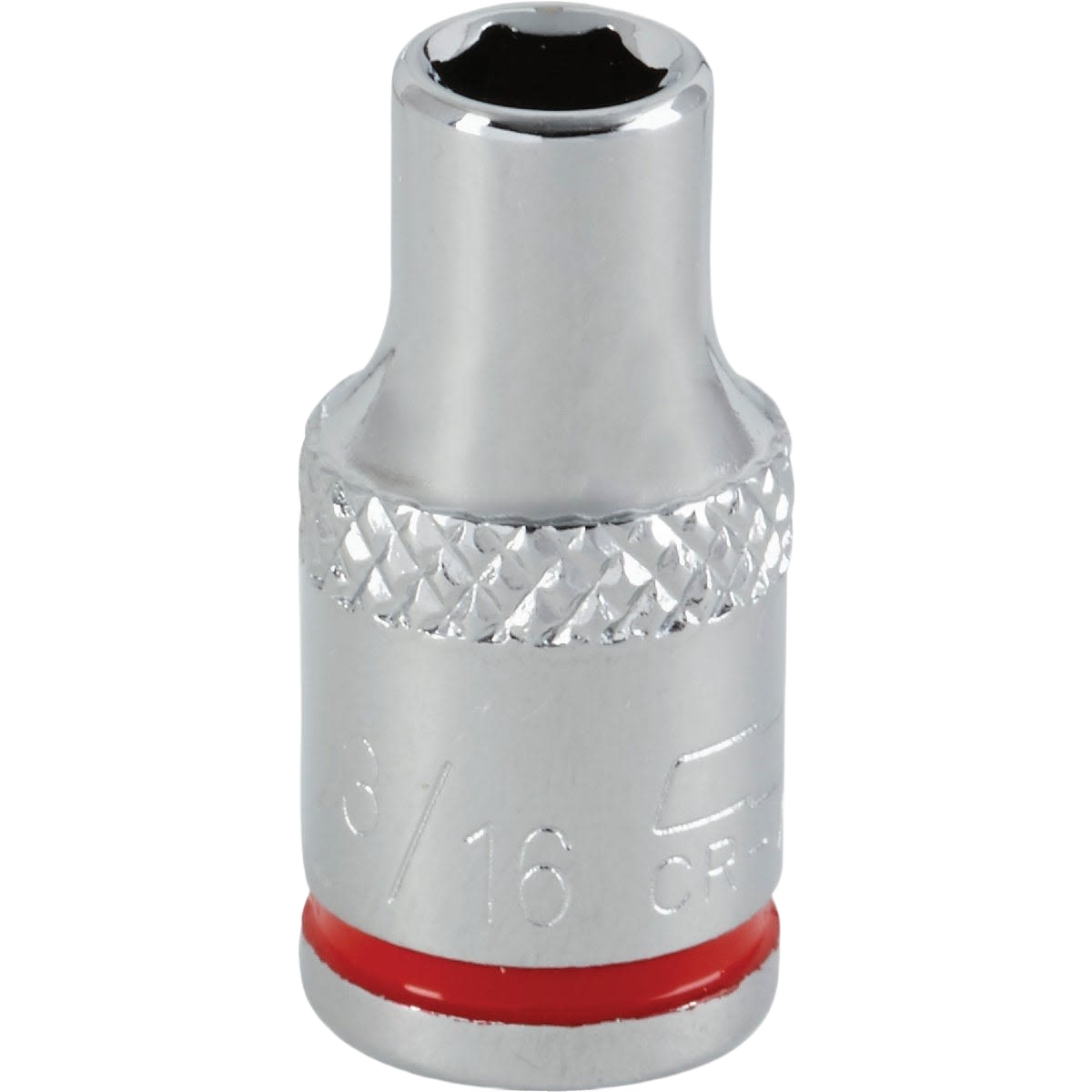 Chrome-finished 3/16 in. shallow 6-point socket with textured grip band for hand tools and home improvement use