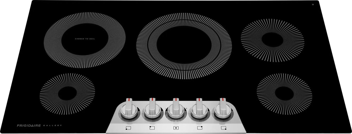 Black glass electric cooktop with five radiant heating elements and front-mounted control knobs from electric cooktops collection