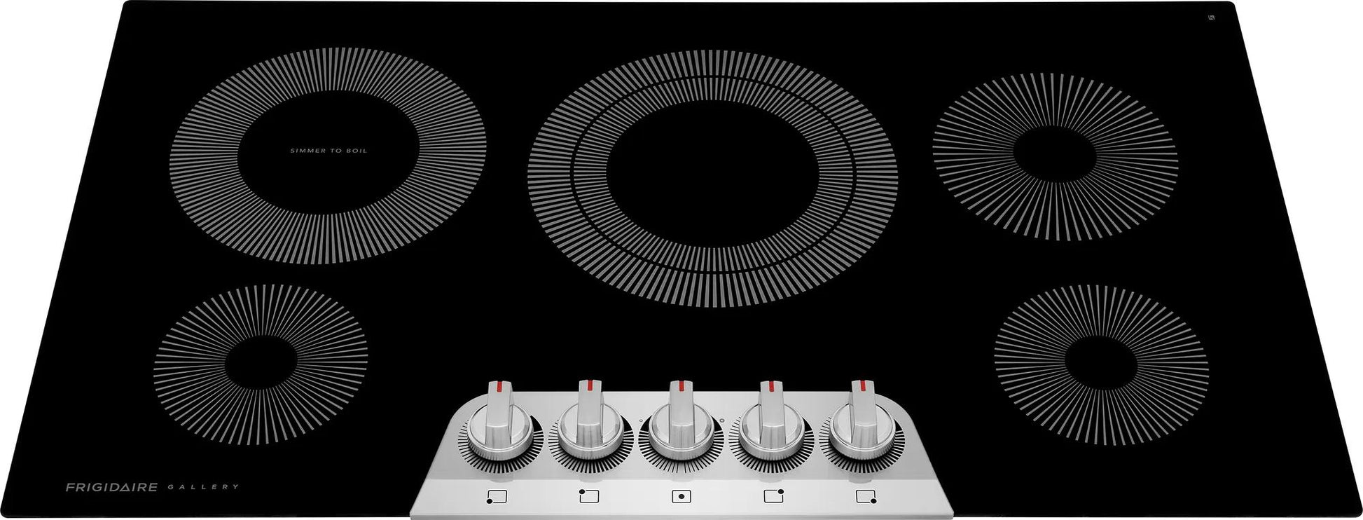 Black glass electric cooktop with five radiant heating elements and front-mounted control knobs from electric cooktops collection